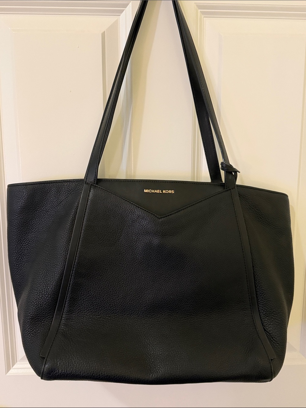 Michael Kors Black Pebbled Leather Shoulder Tote with Gold Logo Charm